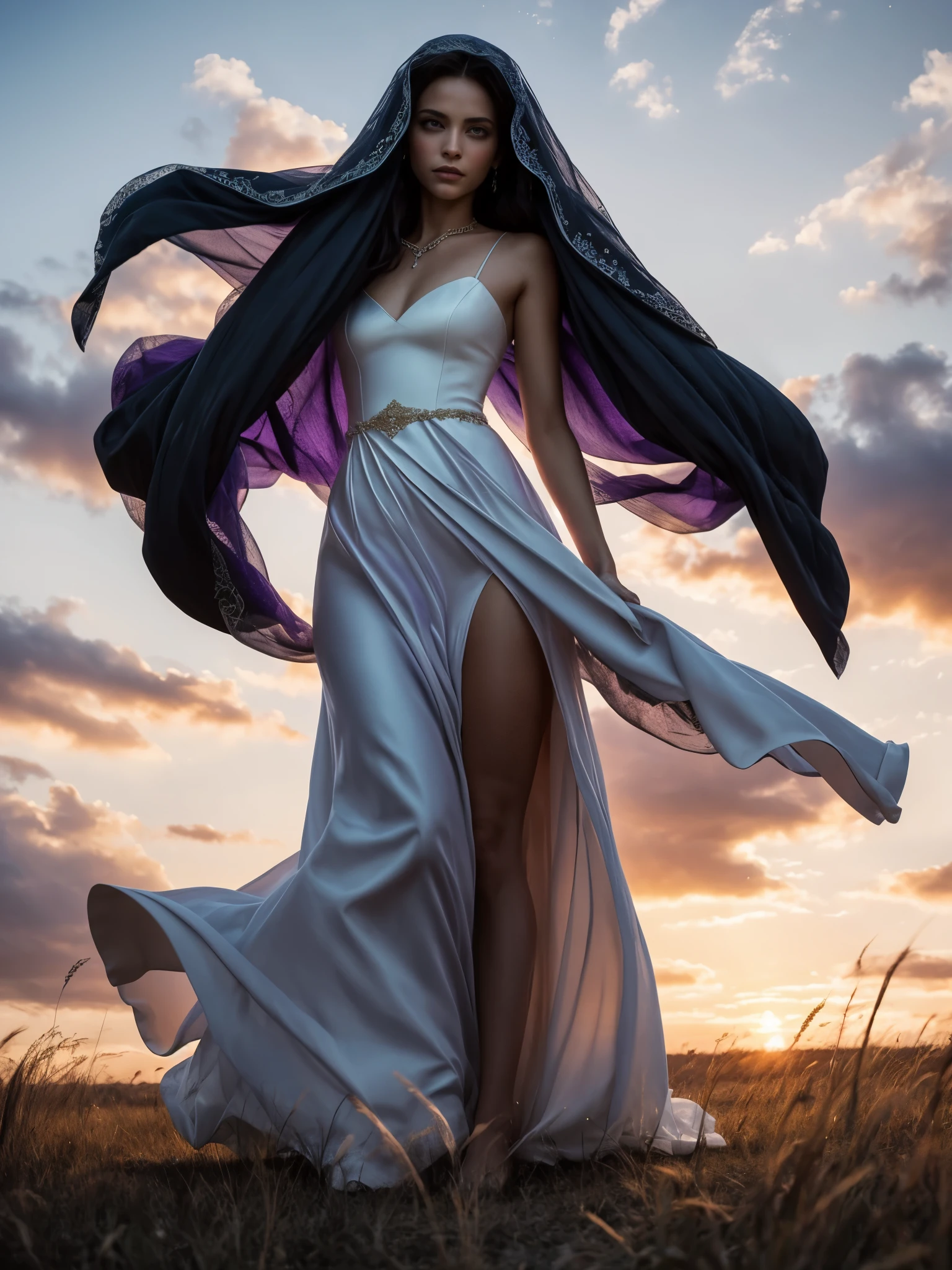 In the heart of the savanna at twilight, a woman in a wedding dress stands as the central figure. Her veil, a masterpiece of intricate design, billows dramatically around her in the fierce wind, creating an otherworldly dance of fabric. The sky above is a mesmerizing shade of purple, an ethereal twilight canvas painted by the setting sun. The golden grasses rustle in the wind, but all attention is drawn to the striking and surreal image of the woman, her elegant dress and veil contrasting starkly with the wild, untamed landscape. The scene captures her poignant solitude and the extraordinary beauty of the moment