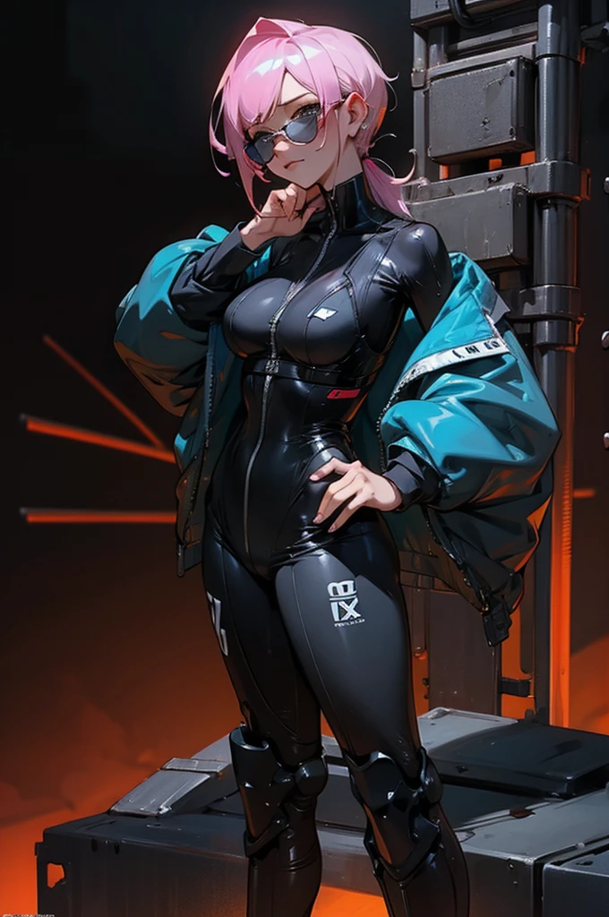 Workwear jumpsuit、Costume with glowing linesを着た女性, cyber punk, Punk Rock, Mosh Pit, (Highest quality,4K,8K,High resolution,masterpiece:1.2),Live Stage、Costume with glowing lines、Large sunglasses,Punkish hairstyle、Full body portrait
