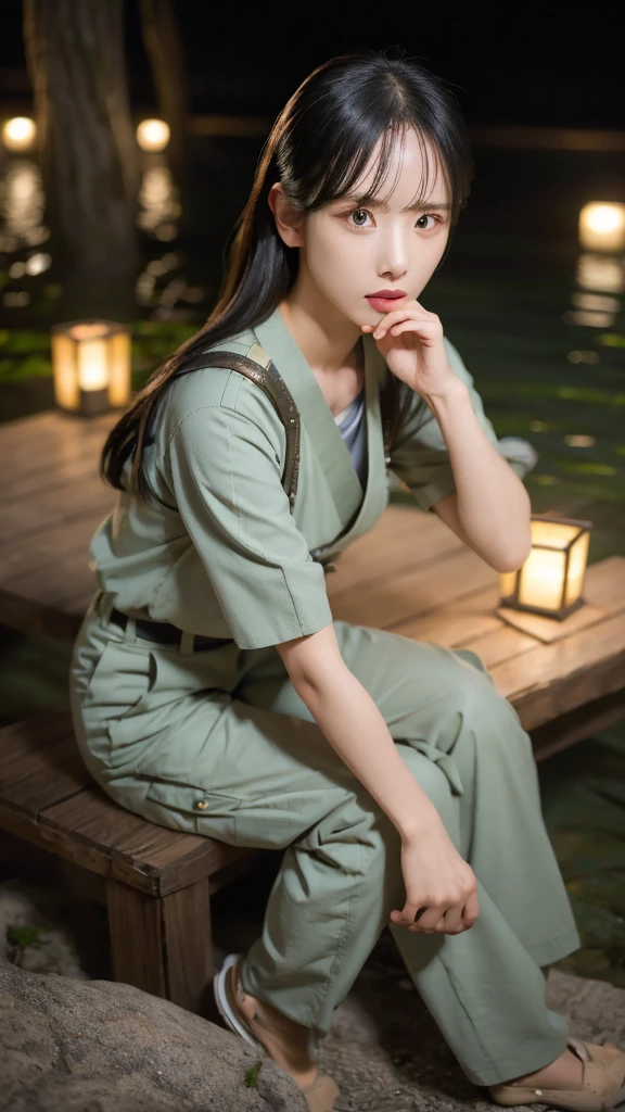 sky full of stars, charismatic, cargo trousers, smoking, sitting model pose, river, sakura trees, lanterns, night, extremely detailed eyes, extremely detailed face, best quality, extremely detailed, one person, one girl, ultra-detailed, (realistic, photo-realistic:1.3)