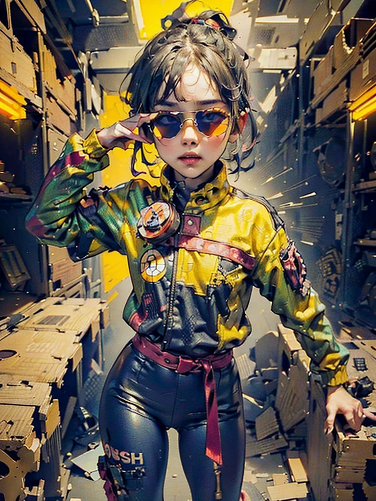 Workwear jumpsuit、A woman wearing a costume with glowing lines, cyber punk, rock punk, Mosh Pit, (Highest quality,4K,8k,High resolution,masterpiece:1.2),Live Stage、Costume with glowing lines、Large sunglasses,Punkish hairstyle、Full body portrait
