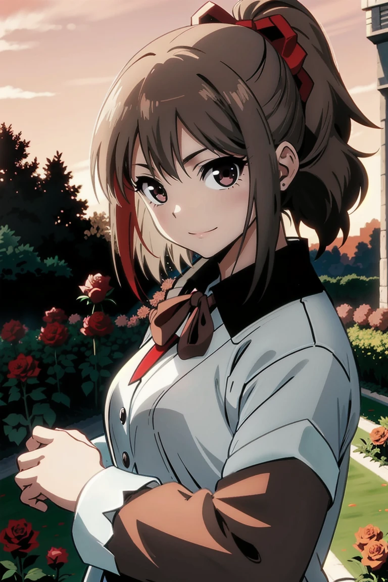 (masterpiece, best quality:1.2), samidare asahina, 1girl, brown eyes, brown hair, jacket, long sleeves, neck ribbon, ponytail, red ribbon, ribbon, shirt, short hair, solo, white shirt, (anime, high details, super detail:1.55), background ((red sky, dawn, rose, rose garden, castle, horizon:1.43))