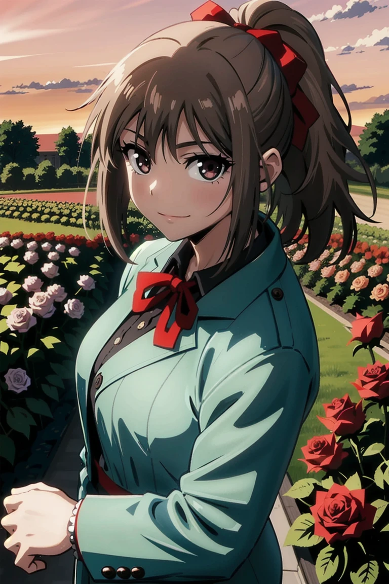 (masterpiece, best quality:1.2), samidare asahina, 1girl, brown eyes, brown hair, jacket, long sleeves, neck ribbon, ponytail, red ribbon, ribbon, shirt, short hair, solo, white shirt, (anime, high details, super detail:1.55), background ((red sky, dawn, rose, rose garden, castle, horizon:1.43))