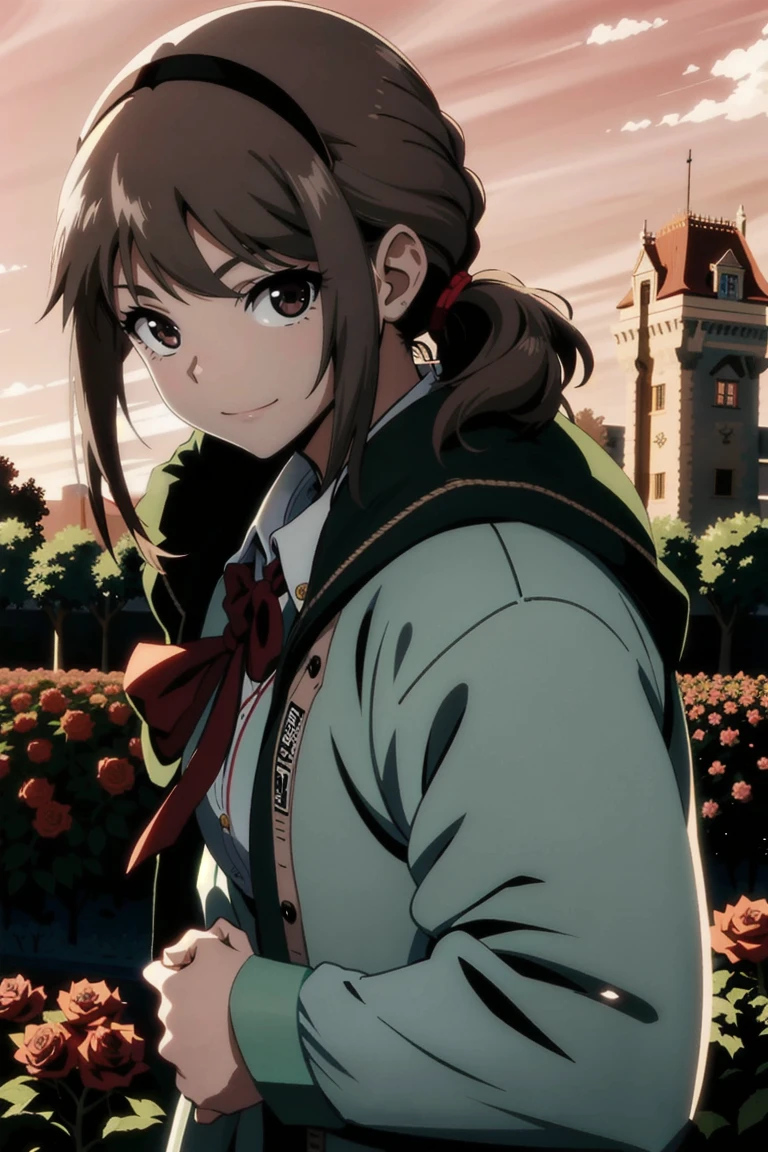 (masterpiece, best quality:1.2), samidare asahina, 1girl, brown eyes, brown hair, jacket, long sleeves, neck ribbon, ponytail, red ribbon, ribbon, shirt, short hair, solo, white shirt, (anime, high details, super detail:1.55), background ((red sky, dawn, rose, rose garden, castle, horizon:1.43))