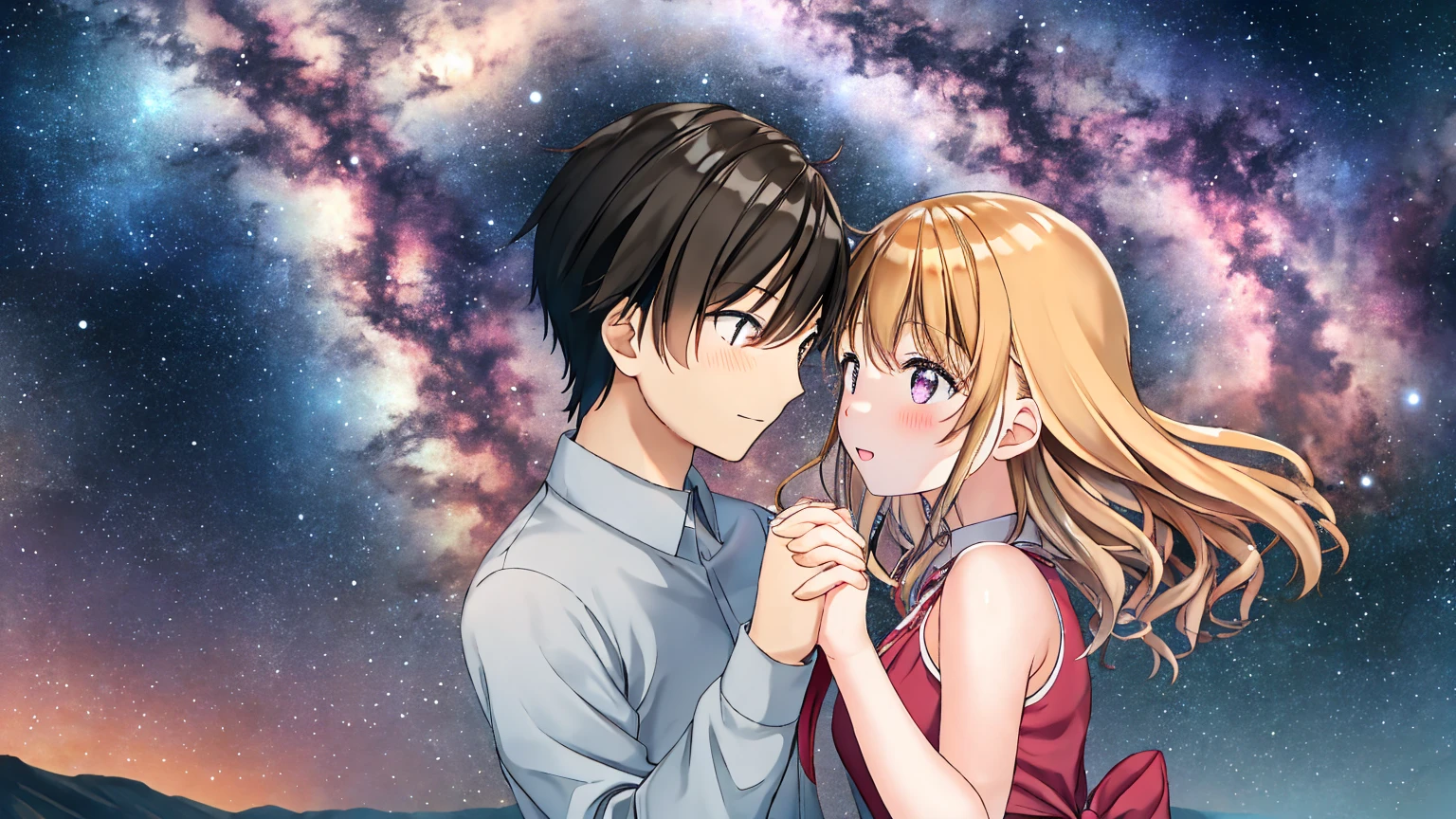 The background is the fantastic Milky Way、Close-up of the upper body of a man and woman standing on a hill, holding hands and looking at each other