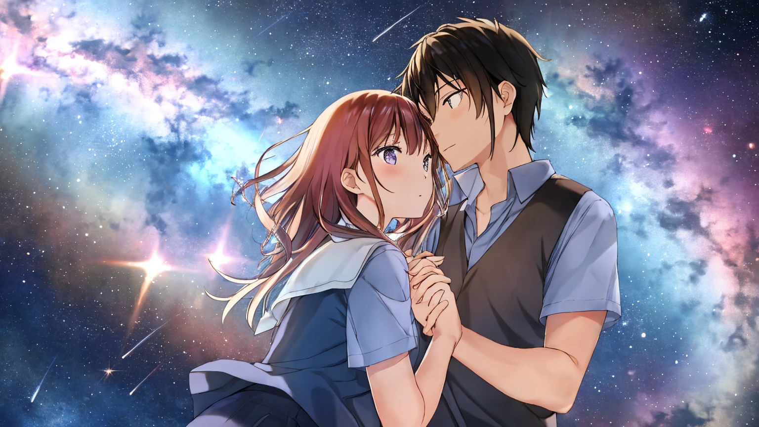 The background is the fantastic Milky Way、Close-up of the upper body of a man and woman standing on a hill, holding hands and looking at each other