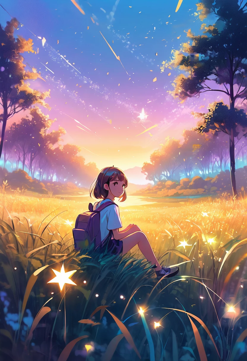 金色の光の粒子効果, 色とりどりの明るい空, 背の高い草に囲まれた野原に座っているかわいい女子高生, パステル画風, ((風通しの良い光の効果: 1.5)), 明るい雰囲気の森のイメージ, スターアートグループ (星 星)