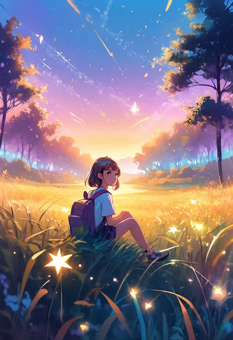 Golden light particle effect, colorful bright sky, cute school girl sitting in a field surrounded by tall grass, pastel painting...