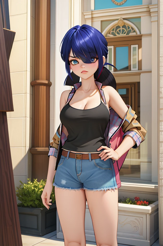 (8k, RAW photo, best quality, masterpiece:1.2), (intricate details), perfect eyes, perfect face, perfect lighting, beautiful, (masterpiece:1.2), (best quality:1.2), 1girl, solo, marinette, blue hair, (( hair in ponytail, bangs over one eye )), adult torso, 19 years old, angry, huge sized breasts, (tank top, denim jacket, red skirt), cowboy shot, 3DMM, standing, front view, 