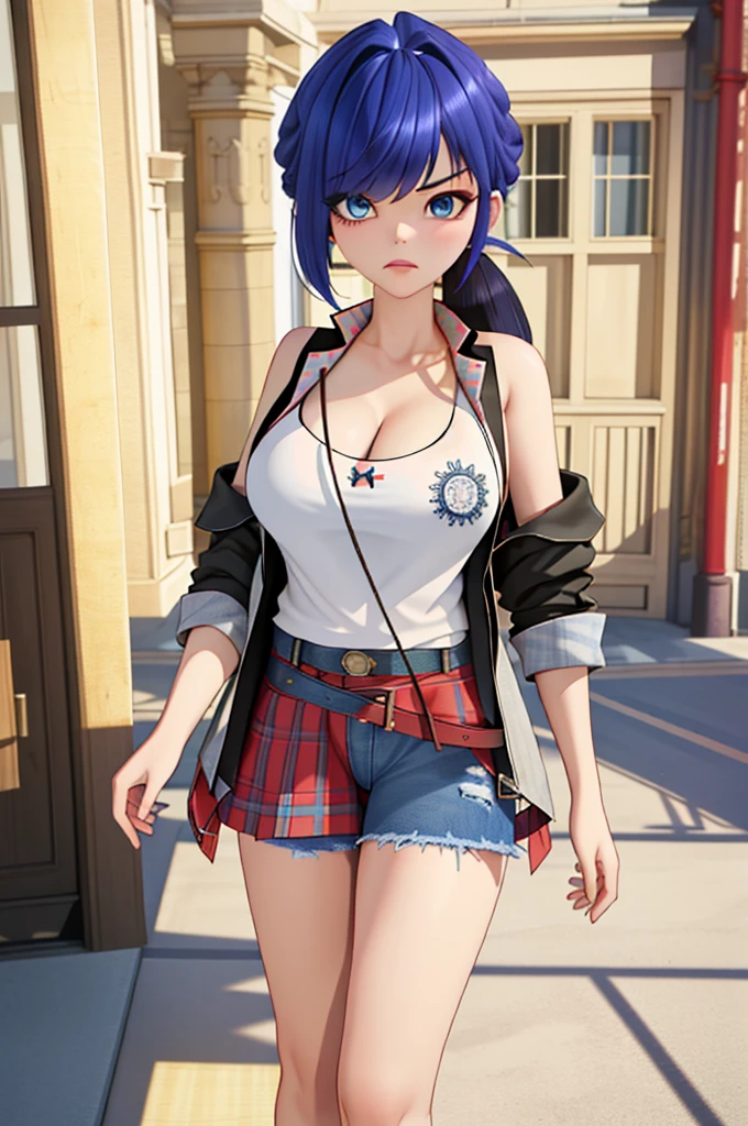 (8k, RAW photo, best quality, masterpiece:1.2), (intricate details), perfect eyes, perfect face, perfect lighting, beautiful, (masterpiece:1.2), (best quality:1.2), 1girl, solo, marinette, blue hair, (( hair in ponytail, bangs over one eye )), adult torso, 19 years old, angry, huge sized breasts, (tank top, denim jacket, red skirt), cowboy shot, 3DMM, standing, front view, 