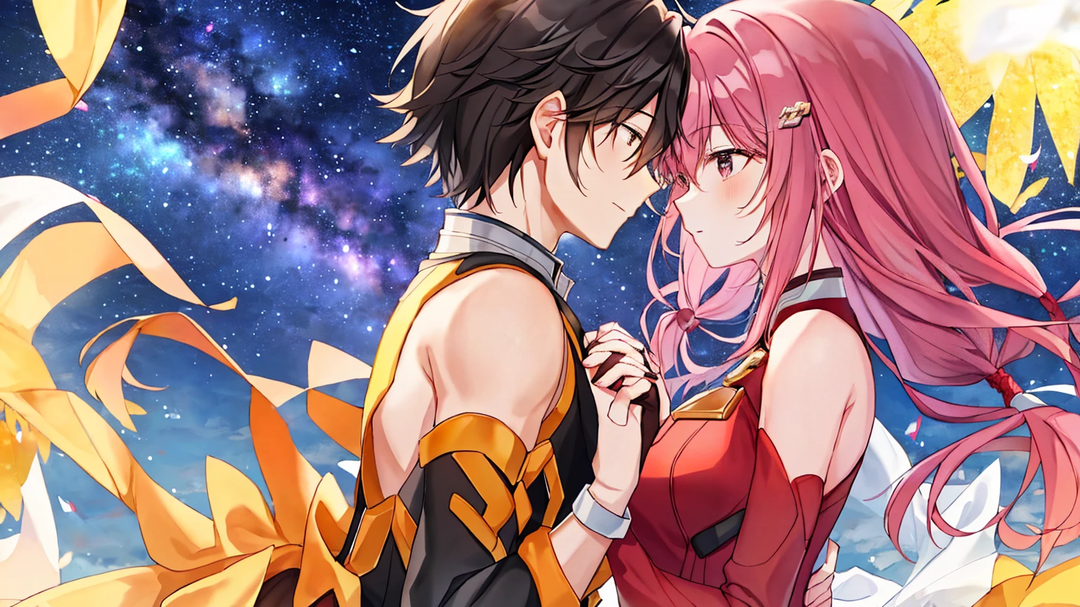 The background is the fantastic Milky Way、Close-up of the upper body of a man and woman standing on a hill, holding hands and looking at each other