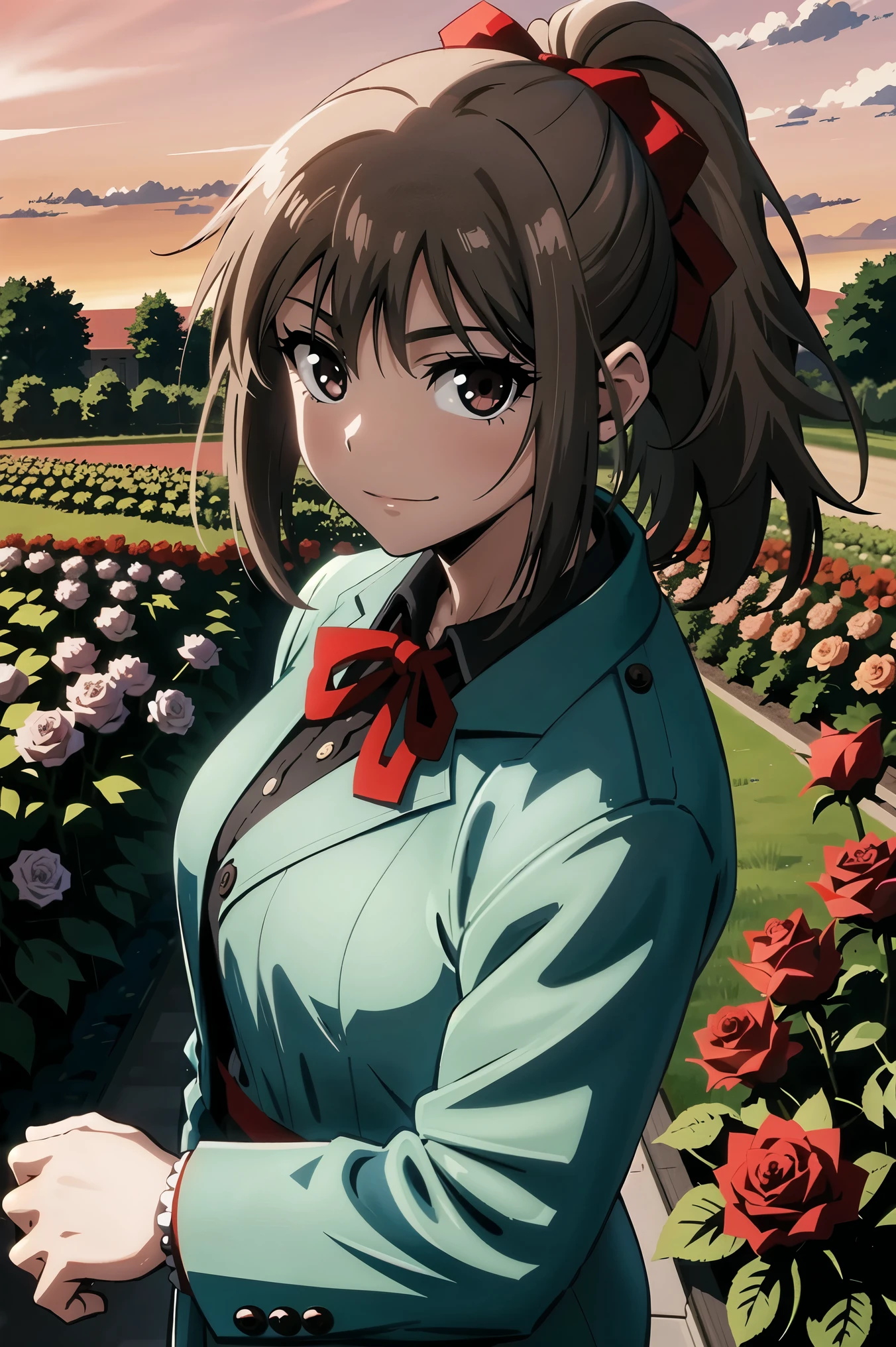 (masterpiece, best quality:1.2), samidare asahina, 1girl, brown eyes, brown hair, jacket, long sleeves, neck ribbon, ponytail, red ribbon, ribbon, shirt, short hair, solo, white shirt, (anime, high details, super detail:1.55), background ((red sky, dawn, rose, rose garden, castle, horizon:1.43))