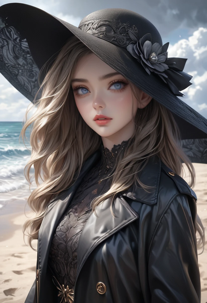 a beautiful girl in an 優雅的 black hat with a large sunshade, 黑色長手套, standing on a 沙y beach in the hot summer, 身穿黑色風衣:1.2, (最好的品質,4k,8K,高解析度,傑作:1.2),超詳細,(實際的,photo實際的,photo-實際的:1.37),美麗細緻的眼睛,美麗細緻的嘴唇,極度細緻的眼睛和臉部,長長的睫毛,複雜的細節,photo實際的,電影燈光,戲劇性 lighting,高度詳細的臉部,高端時尚,優雅的,戲劇性,大氣的,夏季海灘,沙,海浪,陰天