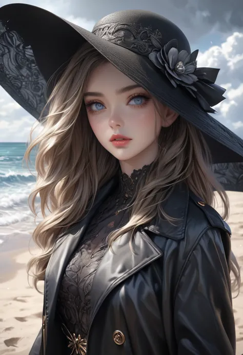 a beautiful girl in an elegant black hat with a large sunshade, black long gloves, standing on a sandy beach in the hot summer, ...