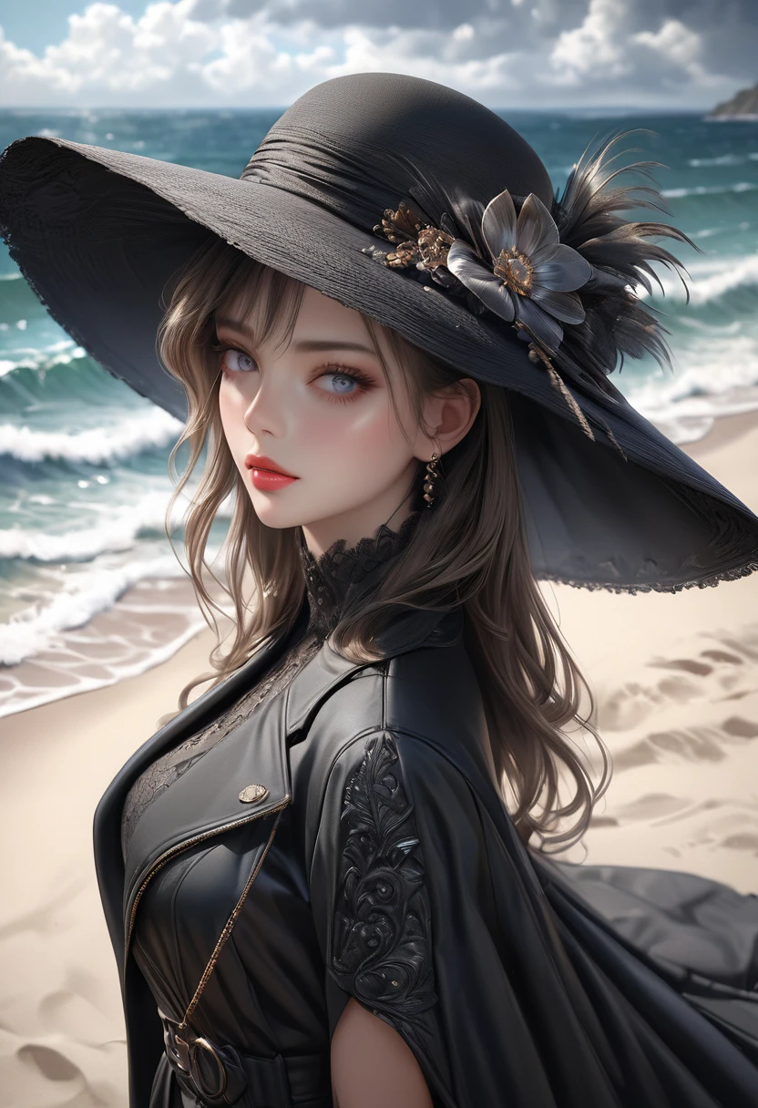 a beautiful girl in an 優雅的 black hat with a large sunshade, 黑色長手套, standing on a 沙y beach in the hot summer, 身穿黑色風衣:1.2, (最好的品質,4k,8K,高解析度,傑作:1.2),超詳細,(實際的,photo實際的,photo-實際的:1.37),美麗細緻的眼睛,美麗細緻的嘴唇,極度細緻的眼睛和臉部,長長的睫毛,複雜的細節,photo實際的,電影燈光,戲劇性 lighting,高度詳細的臉部,高端時尚,優雅的,戲劇性,大氣的,夏季海灘,沙,海浪,陰天