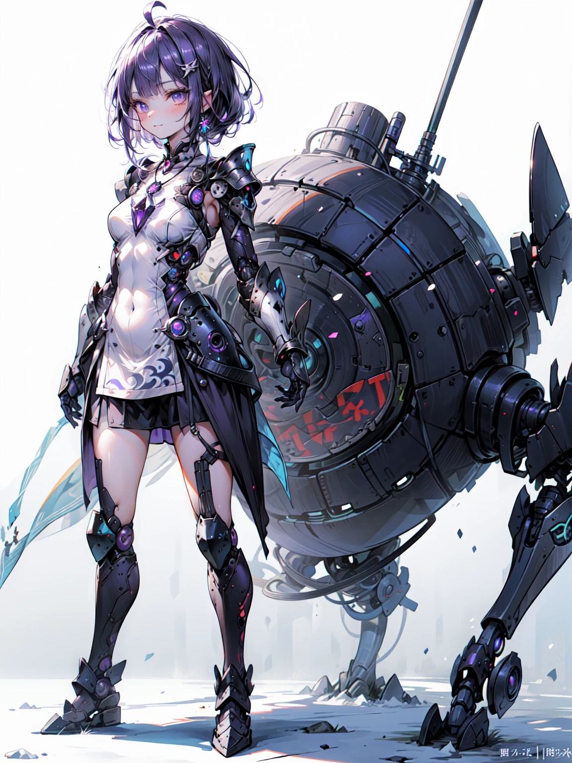 Cute adult girl standing ,Girl Focus, [full body 鎧], Organic Armor Cyborg、Machine Armor、((Plain gray background)),  poker face, still、(One Girl:1.3), bangs,necklace , （Snow White&#39;s Armor), Super detailed, Crystal purple eyes,thin, Technology of Wonders, Long Hair, Animetic, alone, Silk White Hair, high quality, Mastette Piece,Very detailed,[Wide Hips] , beautiful girl, [detailed aspects], See details of actual operation, Very detailed目,Expressionless emotions, Beautiful Eyes、Blake、Armor Texture、（Dark Elf), (1 Girl), alone, Perfect Face, Get used to it, Ahoge, ((Long Hair:1.2)), [[Messy Hair]], 光沢のあるPurple Hair, Purple eyes, Variegated eyes, Purple Hair, Shining Eyes, (eyelash, eye shadow, purple eye shadow), bright, smile, Design Art：Haruhiko Mikimoto, by Kawashi, By Yoshitaka Amano