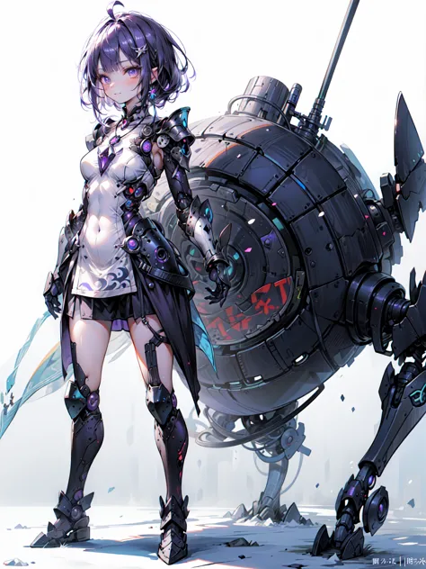 Cute adult girl standing ,Girl Focus, [full body 鎧], Organic Armor Cyborg、Machine Armor、((Plain gray background)),  poker face, ...