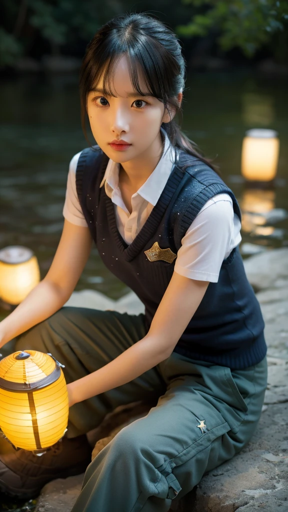 sky full of stars, charismatic, shirt and vest, camping, army cargo trousers, sitting model pose, river, lanterns, night, extremely detailed eyes, extremely detailed face, best quality, extremely detailed, one person, one girl, ultra-detailed, (realistic, photo-realistic:1.3)