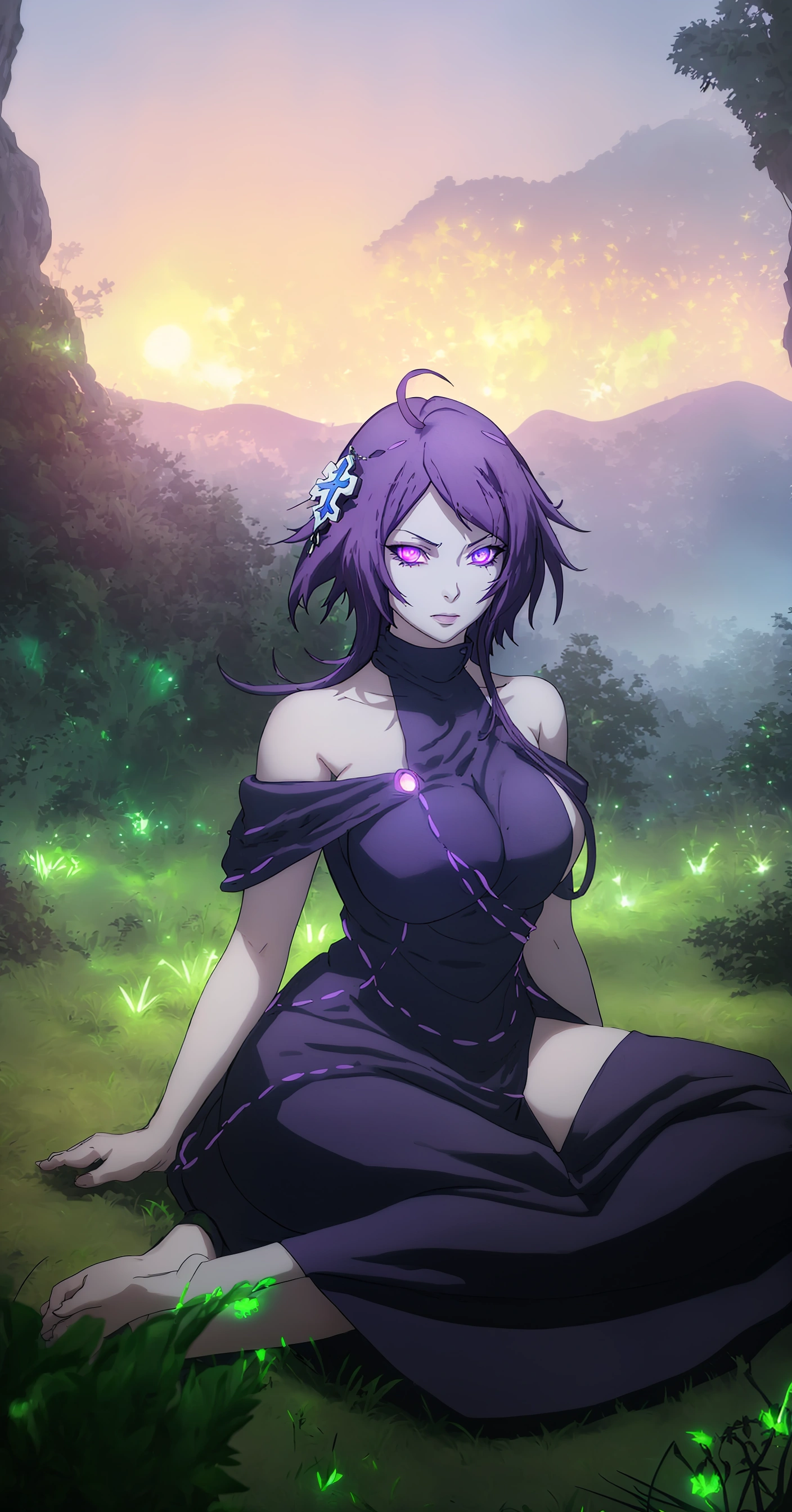 MC, ahoge, (long hari, purple hair:1.3), hair ornament, dark-blue eyes, breasts, epic art, fantasy, 1girl, grass, solo, barefoot, sitting, breasts, mountain, sunset, dress, bare_shoulders, outdoors, looking_at_viewer, off_shoulder, field, sky, lake, collarbone, mountainous_horizon, indian_style, twilight, tree, black_dress, large_breasts, scenery, medium_breasts, feet, off-shoulder_dress, (bokeh:1.3), rock, hollow eyes, bright pupils, dark-blue eyes, looking at viewer. (glowing eyes:1.3), heavy breathing, smirk, upper teeth,
