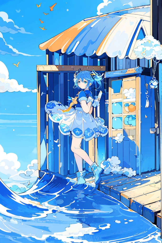 whole body、1 girl、solo、blue eyes、Cyan background、Simple Background、bright、blue sky、cloud、sunny、youth、Blue and white main color、Orange sub-color、ink、hair ornaments、soloフォーカス、Tsundere、Slanted Eyes、cool、Random personality、Random hairstyle、Shiny、