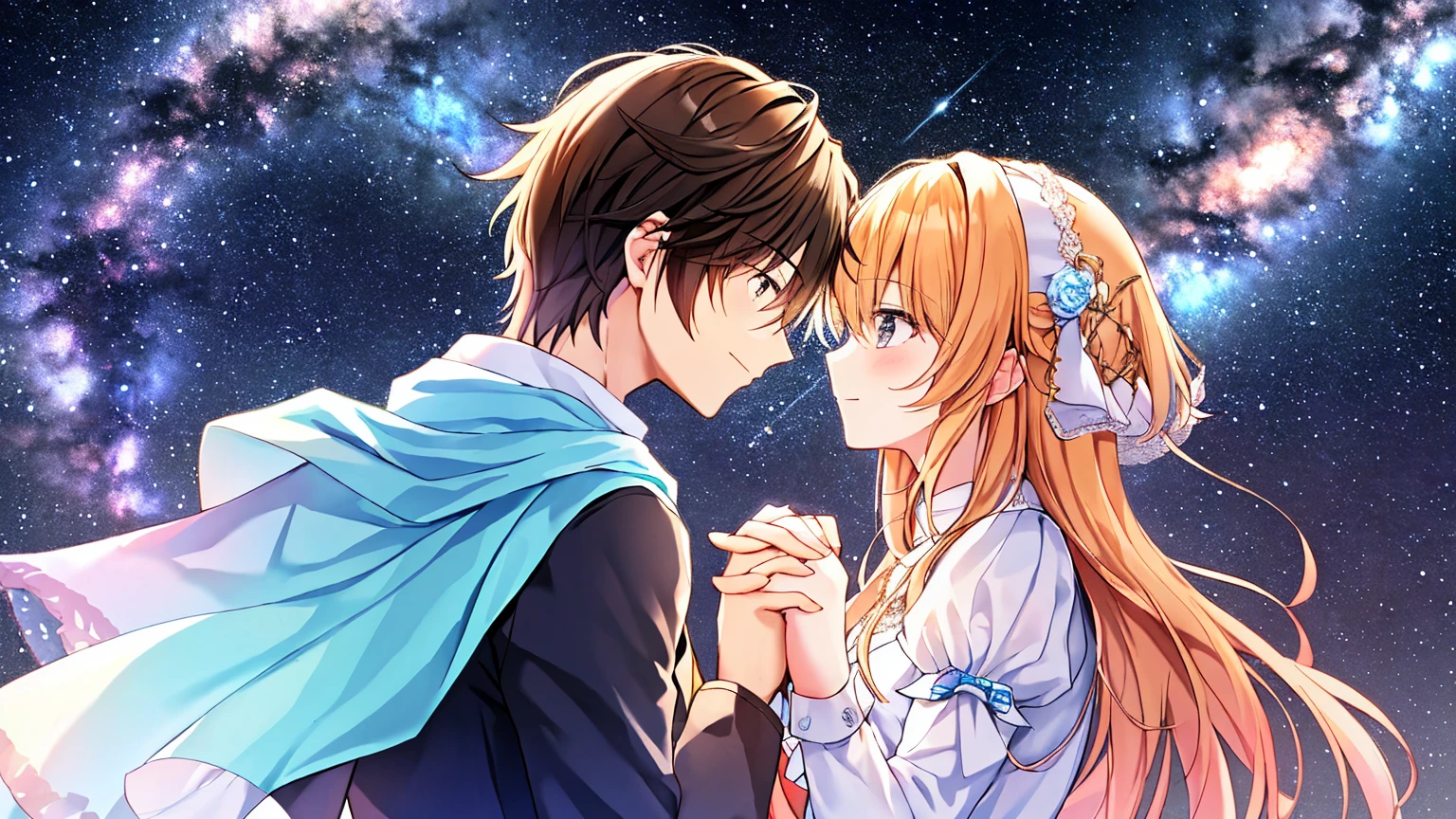 The background is the fantastic Milky Way、Close-up of the upper body of a man and woman standing on a hill, holding hands and looking at each other