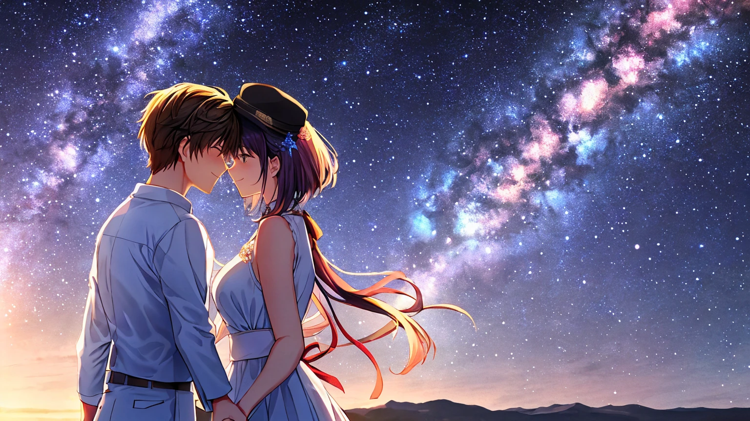 The background is the fantastic Milky Way、Close-up of the upper body of a man and woman standing on a hill, holding hands and looking at each other