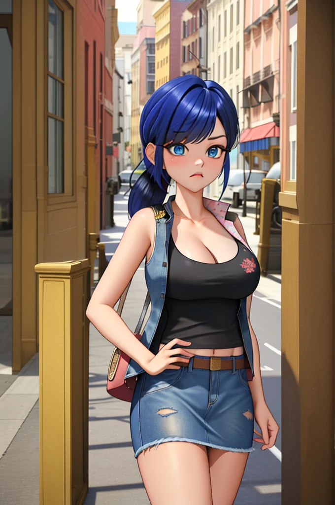 (8k, RAW photo, best quality, masterpiece:1.2), (intricate details), perfect eyes, perfect face, perfect lighting, beautiful, (masterpiece:1.2), (best quality:1.2), 1girl, solo, marinette, blue hair, (( hair in ponytail, bangs over one eye )), adult torso, 19 years old, angry, huge sized breasts, (tank top, denim jacket, red skirt), cowboy shot, 3DMM, standing, front view, 