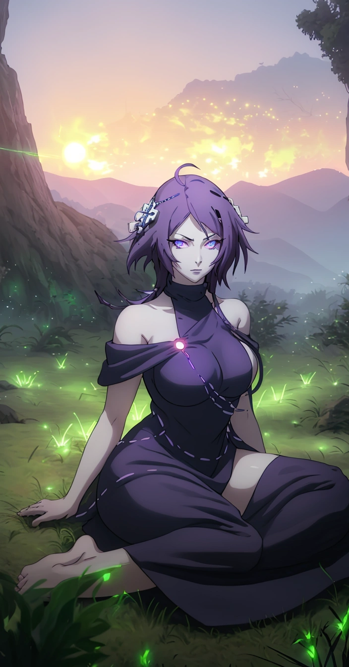 MC, ahoge, (long hari, purple hair:1.3), hair ornament, dark-blue eyes, breasts, epic art, fantasy, 1girl, grass, solo, barefoot, sitting, breasts, mountain, sunset, dress, bare_shoulders, outdoors, looking_at_viewer, off_shoulder, field, sky, lake, collarbone, mountainous_horizon, indian_style, twilight, tree, black_dress, large_breasts, scenery, medium_breasts, feet, off-shoulder_dress, (bokeh:1.3), rock, hollow eyes, bright pupils, dark-blue eyes, looking at viewer. (glowing eyes:1.3), heavy breathing, smirk, upper teeth,
