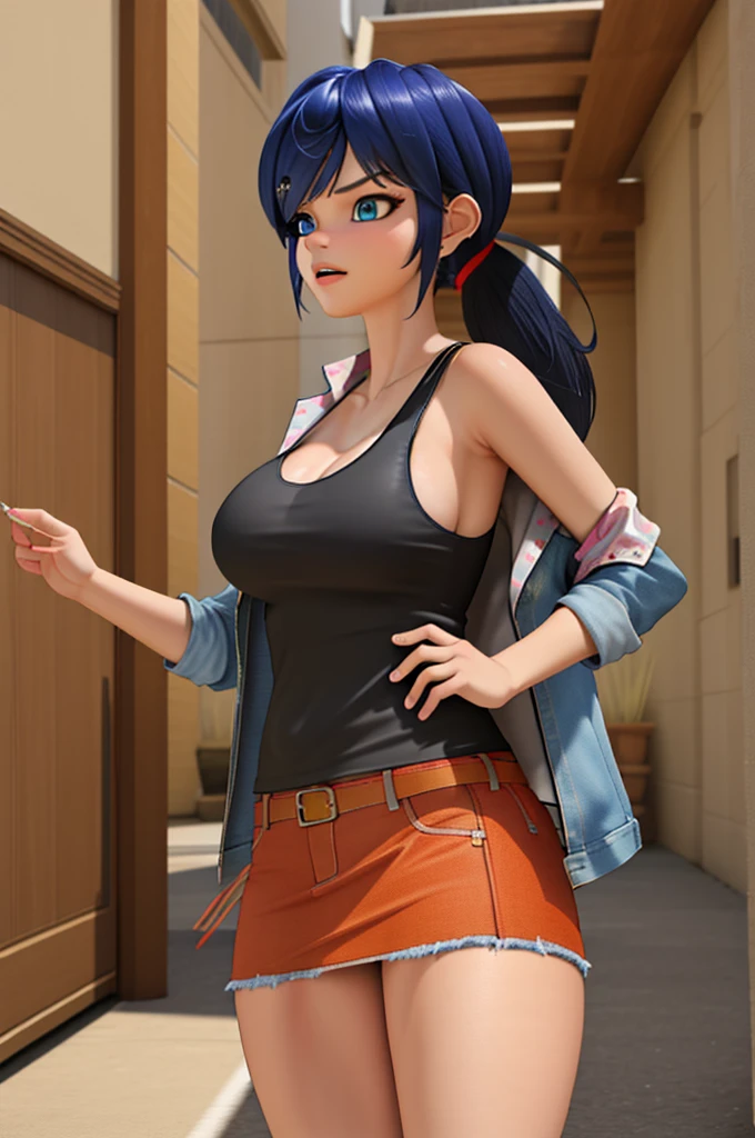 (8k, RAW photo, best quality, masterpiece:1.2), (intricate details), perfect eyes, perfect face, perfect lighting, beautiful, (masterpiece:1.2), (best quality:1.2), 1girl, solo, marinette, blue hair, (( hair in ponytail, bangs over one eye )), adult torso, 19 years old, angry, huge sized breasts, (tank top, denim jacket, red skirt), cowboy shot, 3DMM, standing, front view, 