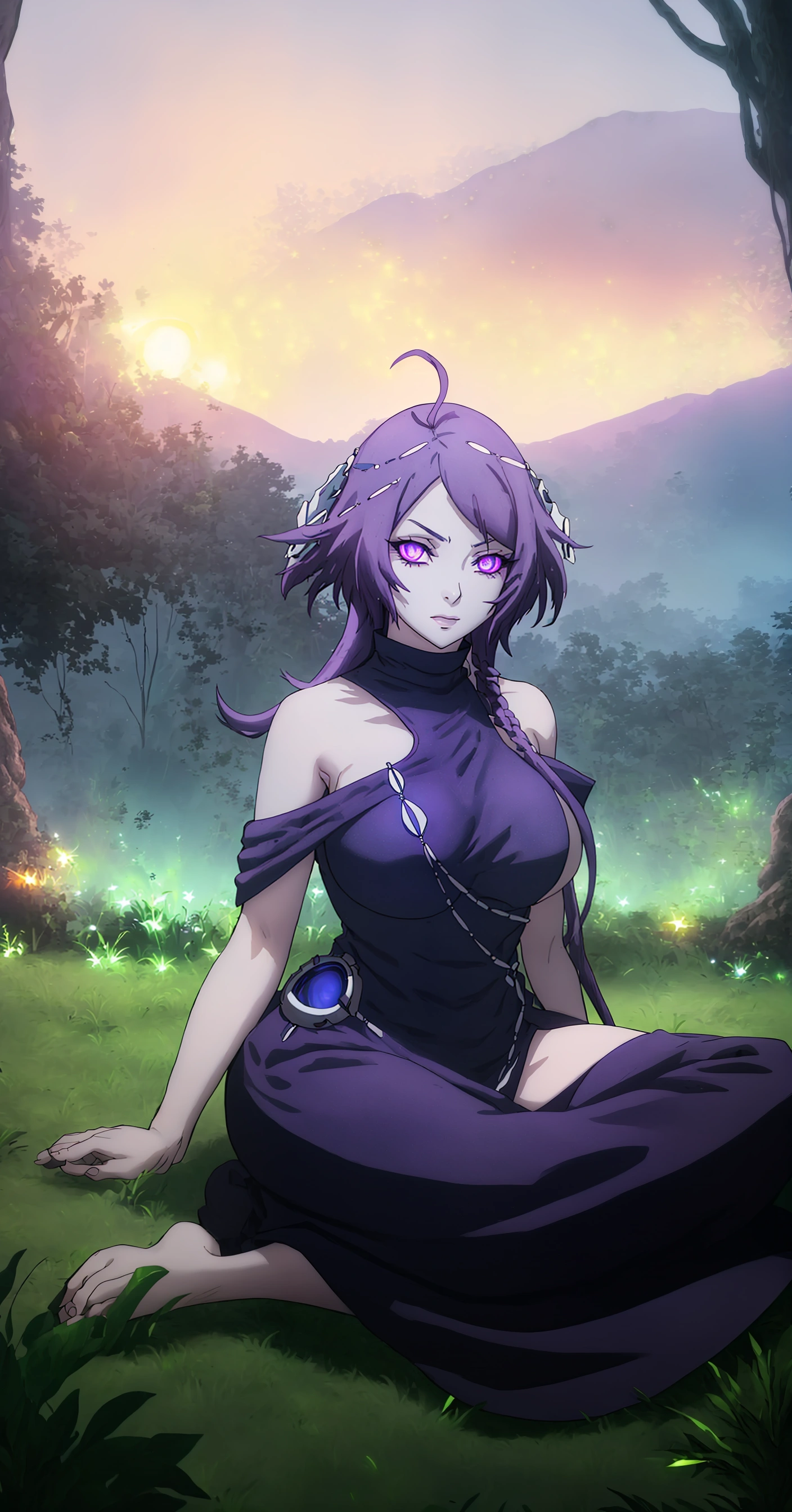 MC, ahoge, (long hari, purple hair:1.3), hair ornament, dark-blue eyes, breasts, epic art, fantasy, 1girl, grass, solo, barefoot, sitting, breasts, mountain, sunset, dress, bare_shoulders, outdoors, looking_at_viewer, off_shoulder, field, sky, lake, collarbone, mountainous_horizon, indian_style, twilight, tree, black_dress, large_breasts, scenery, medium_breasts, feet, off-shoulder_dress, (bokeh:1.3), rock, hollow eyes, bright pupils, dark-blue eyes, looking at viewer. (glowing eyes:1.3), heavy breathing, smirk, upper teeth,
