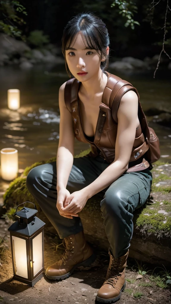 sky full of stars, charismatic, topless leather vest, boots, camping, backpack, army cargo trousers, sitting model pose, river, lanterns, night, extremely detailed eyes, extremely detailed face, best quality, extremely detailed, one person, one girl, ultra-detailed, (realistic, photo-realistic:1.3)