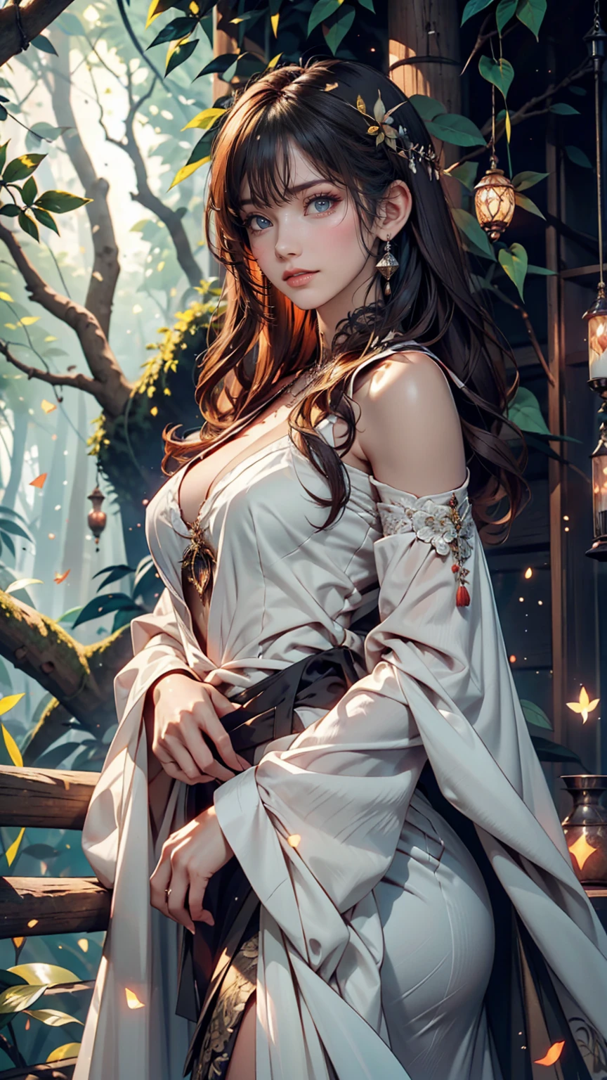 One girl, ,,Smile more, High-resolution images, woman, Her hair was decorated with glowing fireflies, Captivatingly shining eyes. Wearing a gown woven with moonlight, She is a tree々Standing in a vibrant and mysterious forest. scene, Surrounded by the fantastic light of fireflies, captured in the style of a magical forest arツーork., (masterpiece, Highest quality, Official Art,Intricate details:1.2)