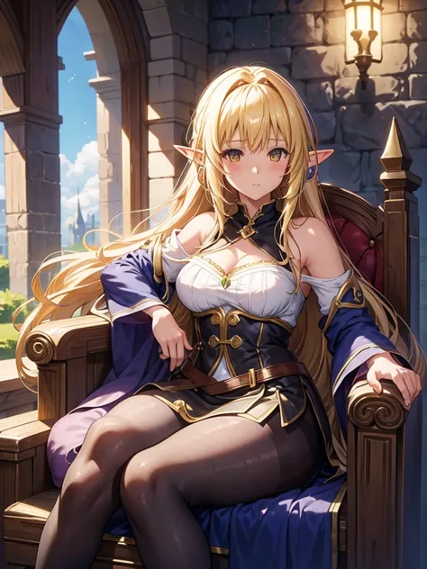 fantasy,archemist,elf girl,thick thighs,blonde long hair,amber eye,sleepy,from front,{{{sitting chair}}},black pantyhose,night,a...