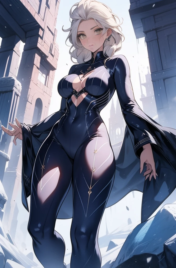 female, solo, young, sexy body, voluptuous figure, tightsuit, white hair, decolored blonde hair, ice effects around, ice queen, beautifull face, long hair, defined body, yellow and bright eyes, thick legs, strong legs, tall, Voluptuous legs, huge ass, big hip, big ass, female sorcerer, blue and black robes,