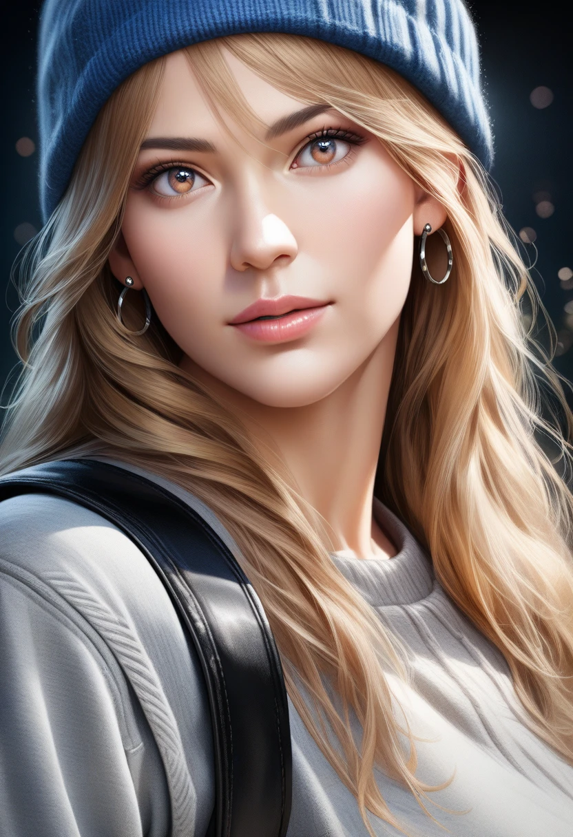 A woman with long wavy blonde hair, wearing a blue beanie hat, cozy oversized grey sweater, skinny jeans, white sneakers, hoop earrings, black leather backpack, beautiful detailed eyes, beautiful detailed lips, extremely detailed eyes and face, long eyelashes, (best quality, 4k, 8k, highres, masterpiece:1.2), ultra-detailed, (realistic, photorealistic, photo-realistic:1.37), HDR, UHD, studio lighting, ultra-fine painting, sharp focus, physically-based rendering, extreme detail description, professional, vivid colors, bokeh, photography, street style, casual fashion, natural lighting