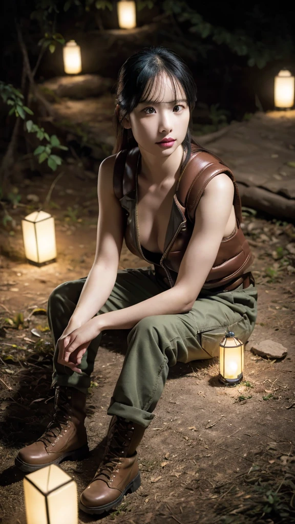 sky full of stars, charismatic, topless leather vest, boots, camping, backpack, army cargo trousers, sitting model pose, river, lanterns, night, extremely detailed eyes, extremely detailed face, best quality, extremely detailed, one person, one girl, ultra-detailed, (realistic, photo-realistic:1.3)