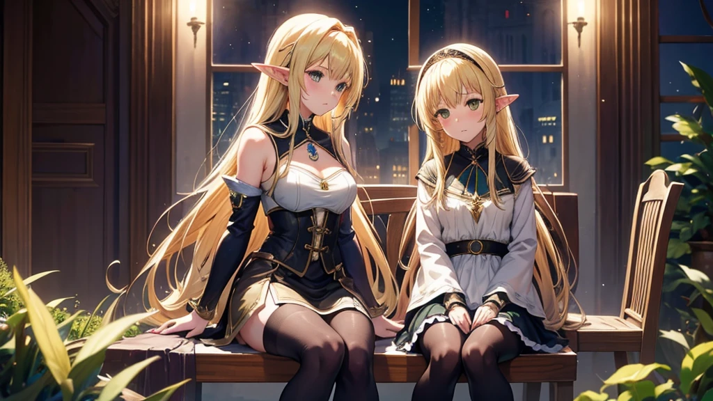 sister,synmetry,fantasy,archemist,elf girls,thick thighs,blonde long hair,amber eye,sleepy,from front,{{{sitting chair}}},Black pantyhose,night,Atelier