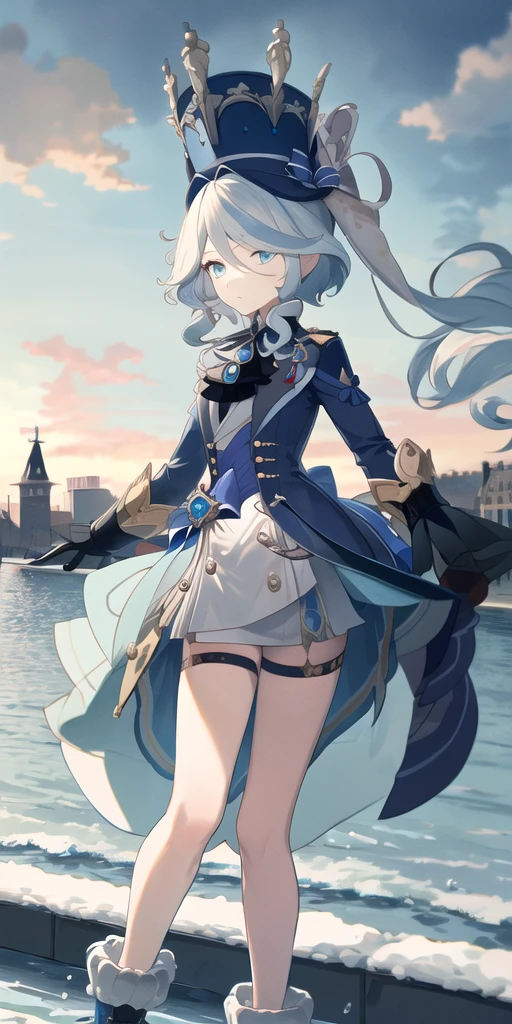 (masterpiece, best quality, highres), 
furina, full body, top hat, tailcoat, boots, cowboy shot, 
outdoors, street, building,"Depict Furina from Genshin Impact wearing a Soviet naval officer uniform. The outfit should include a dark naval coat with gold buttons, a high-collared white blouse, dark trousers, and polished black boots. She should also wear a peaked naval cap adorned with a Soviet emblem. Features of Furina: blue eyes, long white hair, and a serious expression. The background should feature the Black Sea in winter, with a cold, snowy landscape and the sea in the distance under a cloudy sky."

