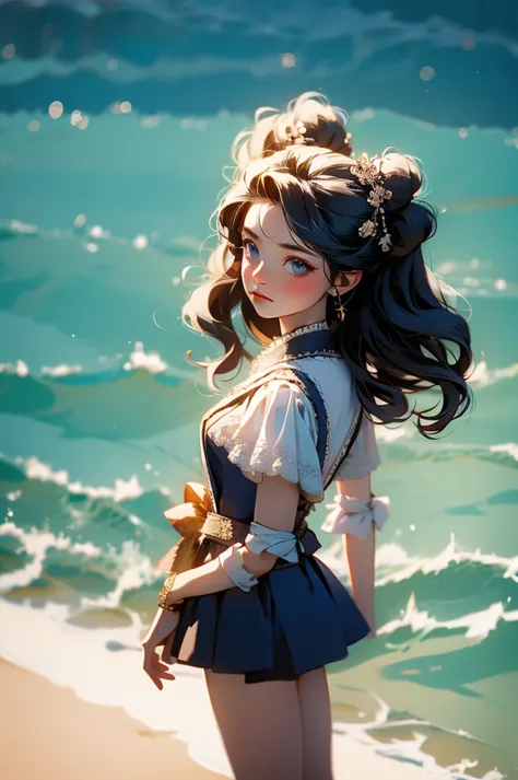 1 girl,Solitary,Blue sky, ocean, Short skirt, (Very detailed background:1.0), (Very detailed background:1.0),
