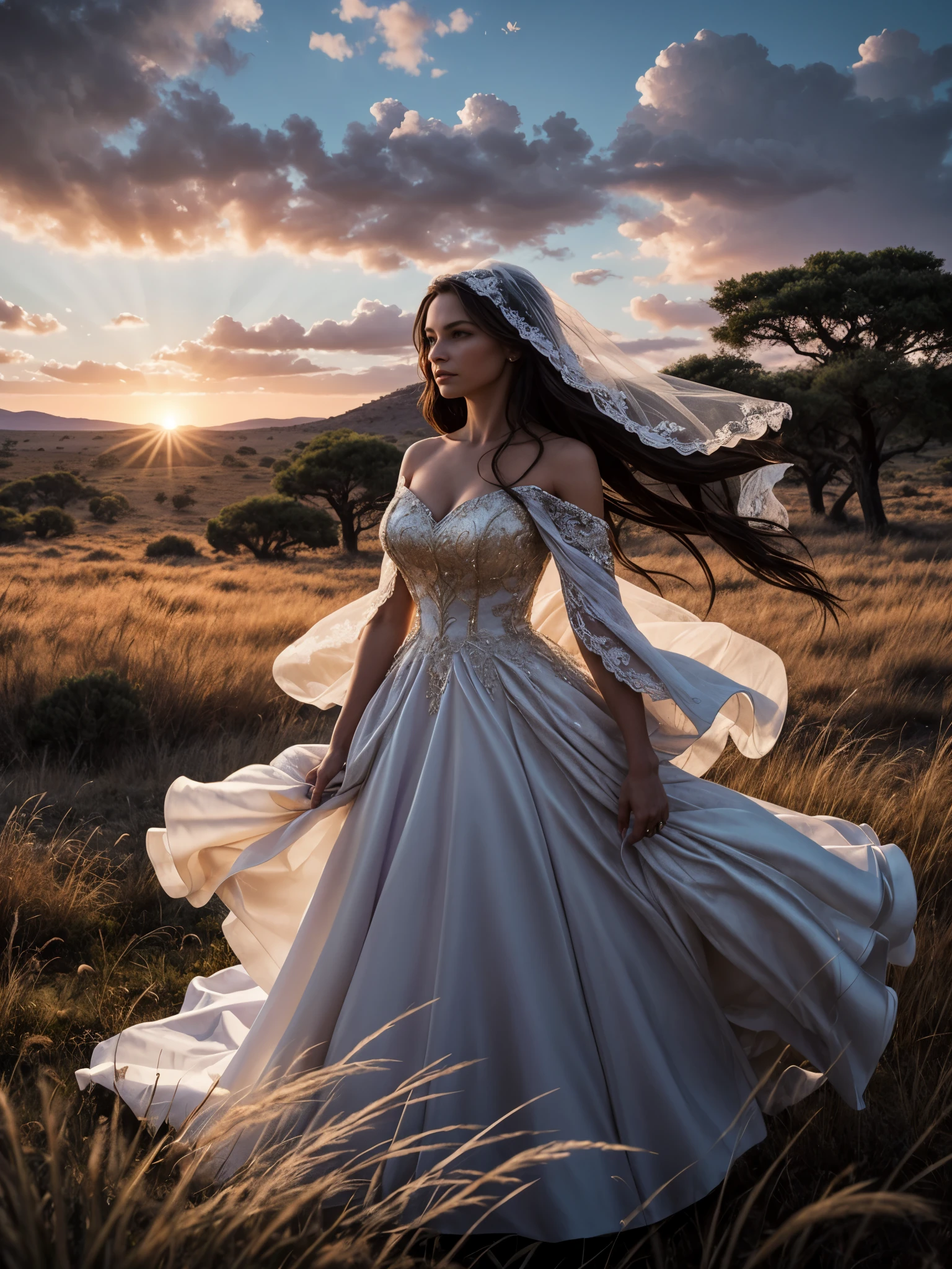 In the heart of the savanna at twilight, a woman in a wedding dress stands as the central figure. Her veil, a masterpiece of intricate design, billows dramatically around her in the fierce wind, creating an otherworldly dance of fabric. The sky above is a mesmerizing shade of purple, an ethereal twilight canvas painted by the setting sun. The golden grasses rustle in the wind, but all attention is drawn to the striking and surreal image of the woman, her elegant dress and veil contrasting starkly with the wild, untamed landscape. The scene captures her poignant solitude and the extraordinary beauty of the moment, gigantic breast