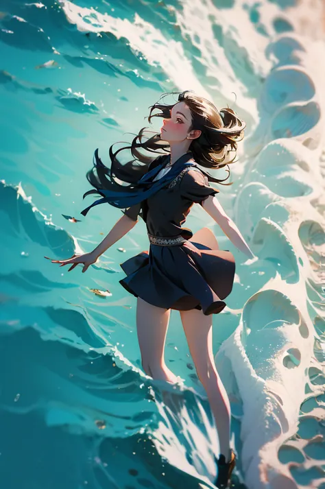 1 girl,Solitary,Blue sky, ocean, Short skirt, (Very detailed background:1.0), (Very detailed background:1.0),