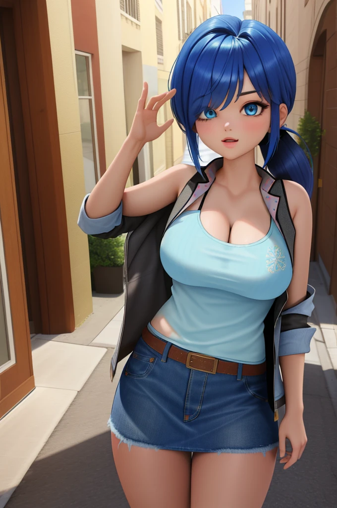 (8k, RAW photo, best quality, masterpiece:1.2), (intricate details), perfect eyes, perfect face, perfect lighting, beautiful, (masterpiece:1.2), (best quality:1.2), 1girl, solo, marinette, blue hair, (( hair in ponytail, bangs over one eye )), adult torso, 19 years old, huge sized breasts, (tank top, denim jacket, blue skirt,) cowboy shot, 3DMM, standing, front view, 