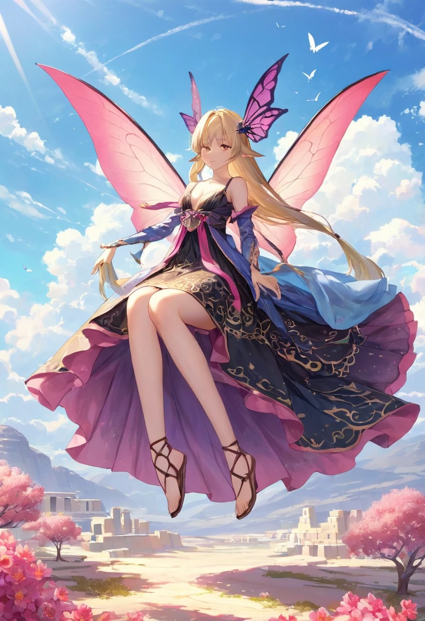 dark magician gils ((Best Quality)), ((Masterpiece)), (detailed), Blonde, thin , thin , seductive succubus, Ethereal Beauty, Perched on a pink flowering tree, (Fantasy Illustration: 1.3), charming look, captivating pose, dark magician gils girl alone, delicate butterfly wings, otherworldly charm, mystical sky, (Luis Royo:1.2), (Yoshitaka Amano:1.1), Moonlit morning, Soft colors, (nubes detaileds:1.3), (high resolution:1.2) ( dragon flying in the sky) dress, legs hanging over the pond, greek goddess, realist, realism, sexy body, Desert Landscape