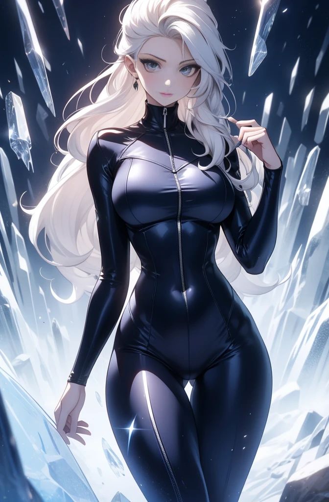 female, solo, young, sexy body, voluptuous figure, tightsuit, white hair, decolored blonde hair, ice effects around, ice queen, beautifull face, long hair, defined body, yellow and bright eyes, thick legs, strong legs, tall, Voluptuous legs, huge ass, big hip, big ass, female sorcerer, blue and black robes, long hair