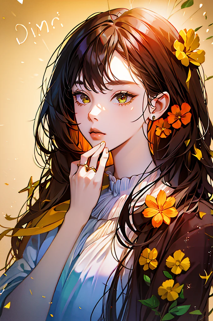 absurd, high resolution, Extremely detailed, 1 Girl, Solitary, Extremely detailed eyes, starfish, seashell, shell, flower, have, Hair accessories, Jewelry, straw have, Looking at the audience, sunglasses, have flower, straw, Hairpin, earrings, red flower, have色眼镜, yellow flower, Bangs, English text, Colorful hair, orange flower, Black Hair, ring, cup, Long hair, orange-have色眼镜, food, Brown hair, portrait, shell Hair accessories