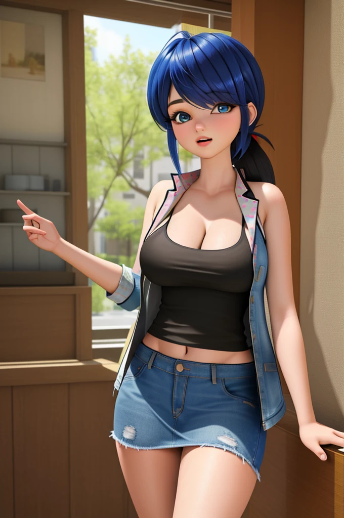 (8k, RAW photo, best quality, masterpiece:1.2), (intricate details), perfect eyes, perfect face, perfect lighting, beautiful, (masterpiece:1.2), (best quality:1.2), 1girl, solo, marinette, blue hair, (( hair in ponytail, bangs over one eye )), adult torso, 19 years old, huge sized breasts, (tank top, denim jacket, blue skirt,) cowboy shot, 3DMM, standing, front view, 