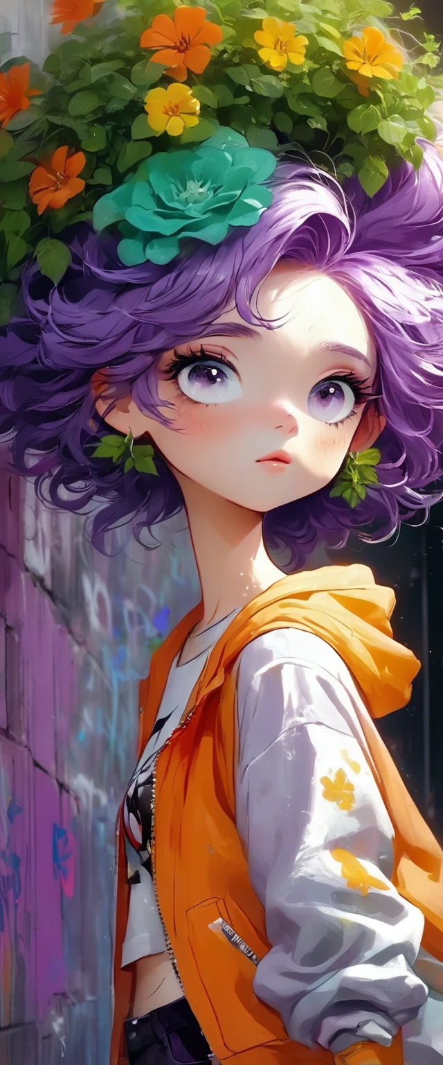 ((long shot, full body: 1.6)), purple: 1.5, orange: 1.1, green: 1.3, White: 1.3, yellow: 1.3, (rapper girl with scary hair, highly detailed eyes and body and beautiful baggy and baggy clothes :1.6), tattoos, (walls with Graffiti: 1.2), flower, Leaves, born in the mist, lines, leaning on the wall with a spray paint in her hand, action pose, 32K.