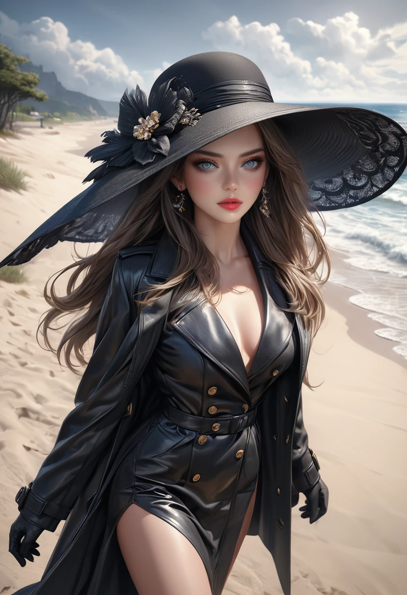 a beautiful girl in an elegant black hat with a large sunshade, sunglasses, black long gloves, standing on a sandy beach in the hot summer, wearing a black trench coat:1.2, (best quality,4k,8k,highres,masterpiece:1.2),ultra-detailed,(realistic,photorealistic,photo-realistic:1.37),extremely detailed hat, beautiful detailed eyes,beautiful detailed lips, extremely detailed eyes and face,longeyelashes,intricate details,photorealistic,cinematic lighting,dramatic lighting,highly detailed face,high fashion,elegant,dramatic,atmospheric,summer beach,sand,ocean waves,overcast sky