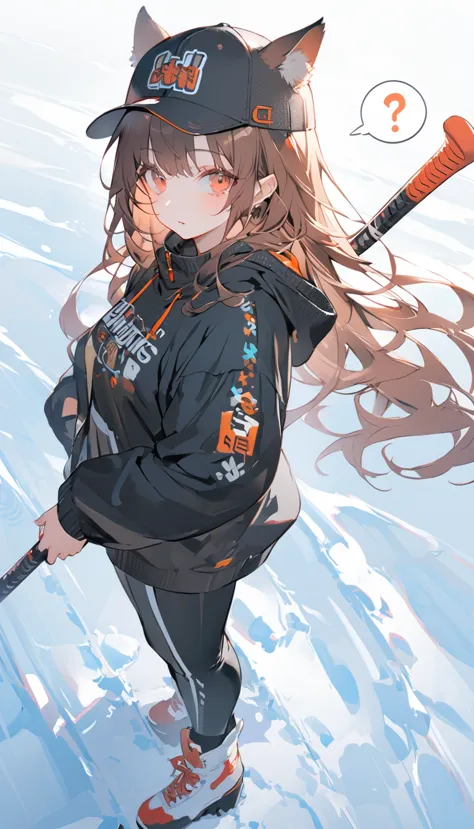 Character standing on snowy area with hockey stick, 1 girl, solo、?、 hat, animal ears, tail, long hair, woman, brown hair, spoken...