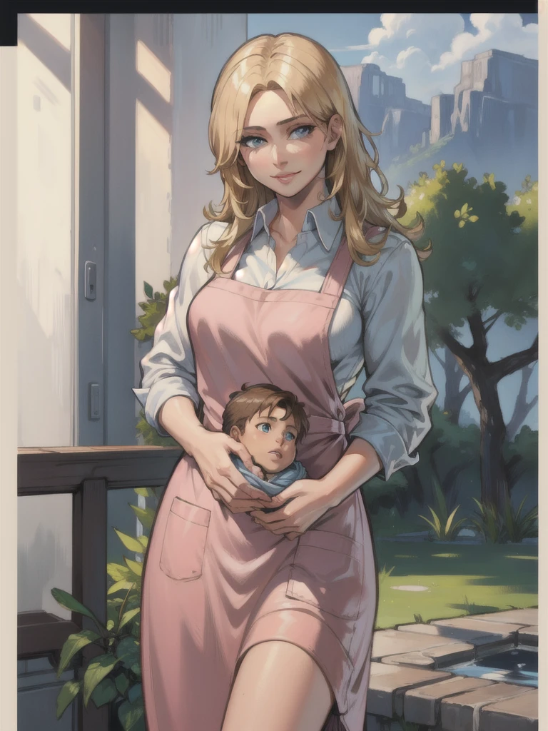 masterpiece, best quality, mgs3eva, platinum blonde, blue eyes, pink dress, smile, apron BREAK (holding baby boy with brown hair), home 