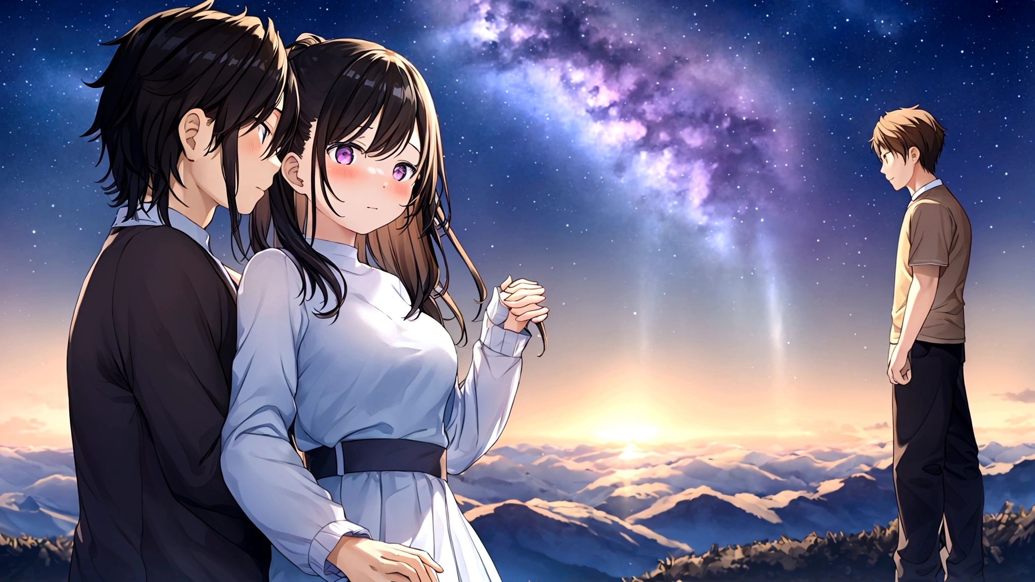 The background is the fantastic Milky Way、Close-up of the upper body of a man and woman standing on a hill, holding hands and looking at each other

